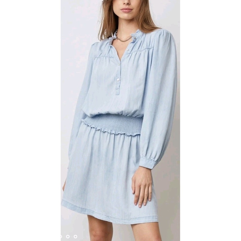 NWT RAILS Shawna Mini Dress XS Blue Chambray Button Neck Linen Blend